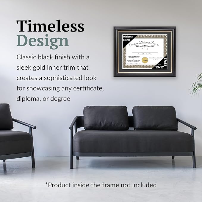 Creative Picture Frames 13" x 17" Rockefeller Black with Gold Rim Diploma Frame, Displays 13" x 17" Certificate or 16" x 20" Document without Mat, College Degree Frame, Full-Strength Glass, Black Mat