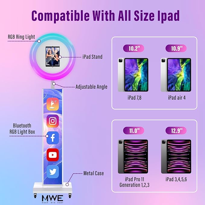JIYANG Portable Photo Booth Compatible with Any Ipad,Photo Booth Stand Shell with ChackTok PhotoBooth VIP Member and Flight Case,Free Custom Logo,Perfect for Parties,Wedding and Events(White)
