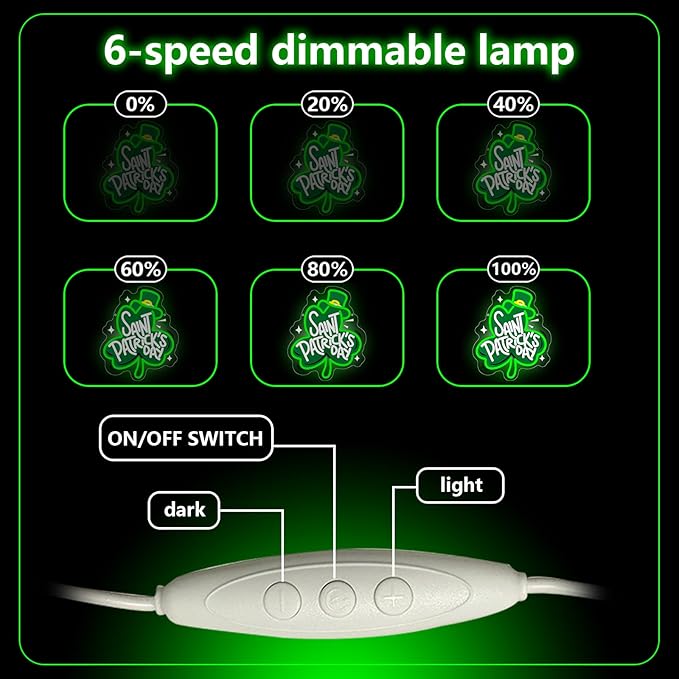 St Patrick's Day Neon Sign, Lucky Clover Happy St Patrick's Day Led Neon Light Signs for Wall Decor Party Favor Green Lucky Leaf Sign for Arbor Day Store Decorations Gift Dimmable USB Powered