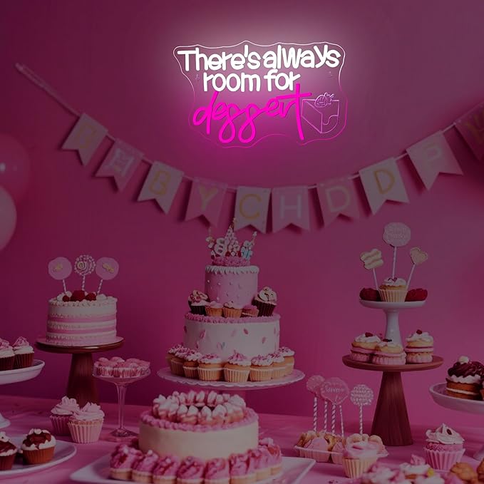 NOSUN There's Always Room for Dessert Neon Sign LED Bar White Text Treat Yourself for Snack Candy Dessert Flower Bar Bedroom Wall Decor Wedding Birthday Party Home Room Gift