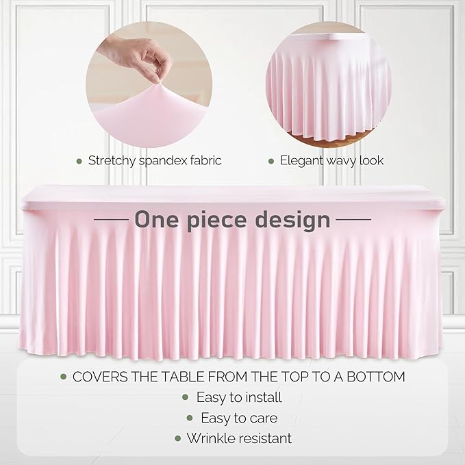 2 Packs Pink Table Clothes for 6 Foot Rectangle Tables, One-Piece Wrinkle Resistant Stretch Spandex Table Covers with Skirt for Event Banquet Wedding Birthday Party