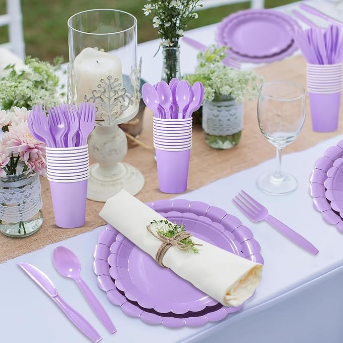 175 Pcs Lavender Paper Plates and Napkins, Light Purple Party Supplies Include Scalloped Lavender Plates Napkin Cup Plastic Cutlery for Garden Party, Baby Shower, Wedding, Birthday