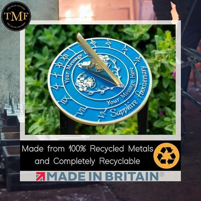 The Metal Foundry Personalized Sapphire 45th Large Sundial - Recycled Brass Home Decor Or Garden Present Idea Made in The UK for Parents, Grandparents, Friends, Couples 45 Yr Marriage