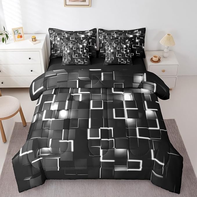 Feelyou Grey and Black Bedding Set King Size Light Geometric Comforter Set with Sheets 7 Piece for Kids Boys Decor Bed in a Bag Modern Style Bed Set