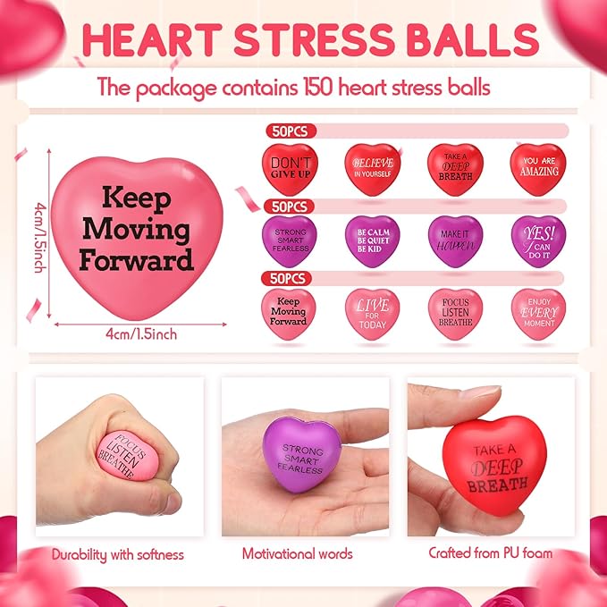 150 Pieces Valentines Day Heart Stress Balls 1.5 Inch Stress Relief Balls Valentine Small Heart Shape Stress Ball Party Favors Valentines Day Gifts for Little Teens
