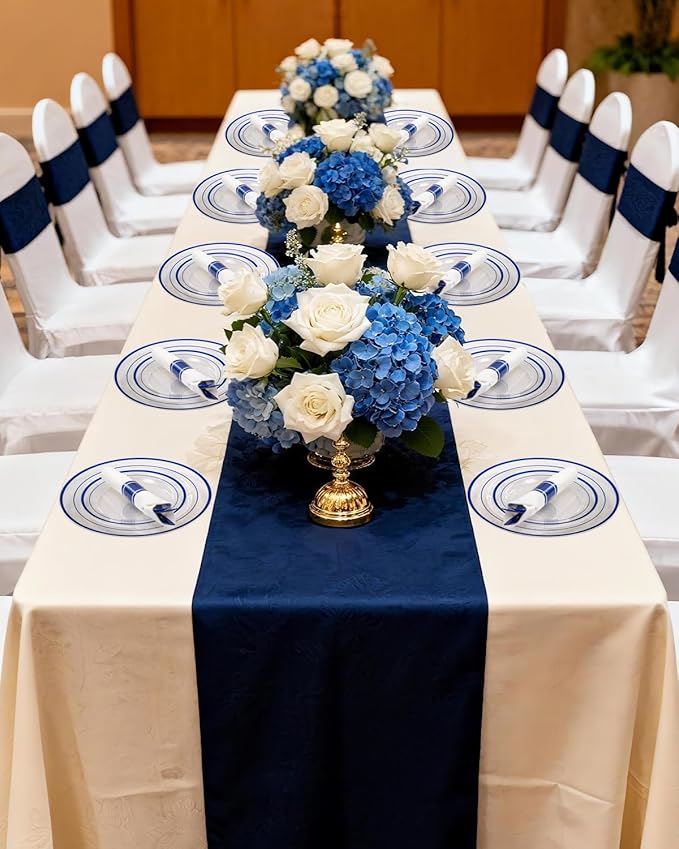 Goodluck 350 Piece Blue Plastic Plates, Clear Plastic Silverware Disposable Plates Set, Include 100Plates, 50Pack Pre Rolled Napkins with Silverware, 50Cups for Party, Wedding, Graduation