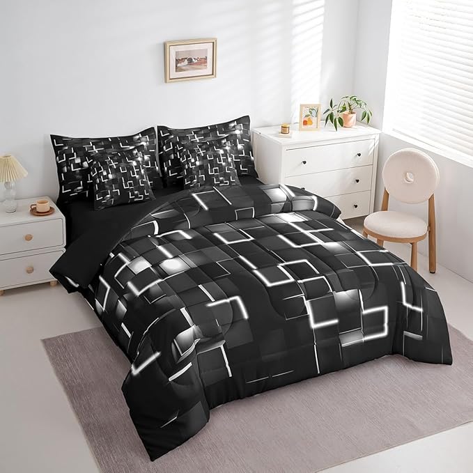 Feelyou Grey and Black Bedding Set Twin Size Light Geometric Comforter Set with Sheets 7 Piece for Kids Boys Decor Bed in a Bag Modern Style Bed Set