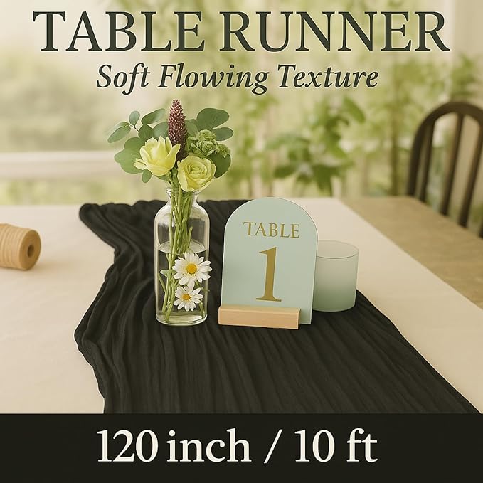 12 Pack 10FT Cheesecloth Table Runner 120 Inch Rustic Boho Gauze Cheese Cloth Table Runner for Wedding Baby Shower Bridal Shower Birthday Party Home Decorations (Black, 10ft x 12pcs)