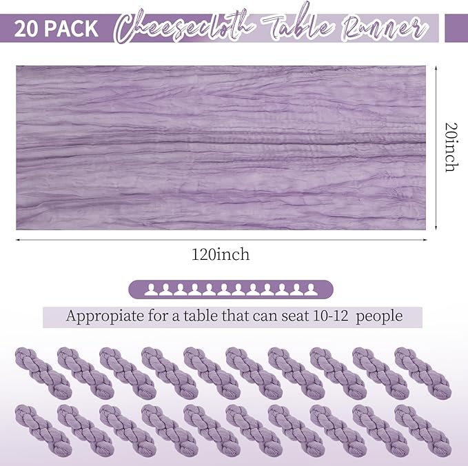 20 Pack Lavender Table Runner 10Ft Cheesecloth Table Runner Boho Gauze Table Runners Romantic Long Sheer Fabric Cheese Cloth Table Runners for Wedding Party Bridal Shower