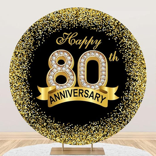 Happy 80th Anniversary Round Backdrop Cover 5.5x5.5ft Luxurious Black Gold Glitter Sequins Diamond 80 Photography Background Ribbon Sparkling Dots Grandparents Dinner Party Circle Arch Decor