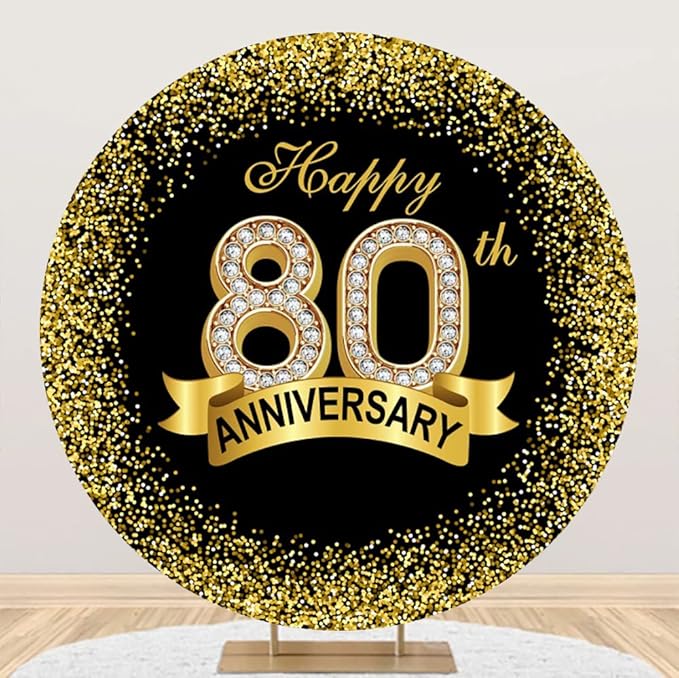 Happy 80th Anniversary Round Backdrop Cover 5x5ft Luxurious Black Gold Glitter Sequins Diamond 80 Photography Background Ribbon Sparkling Dots Grandparents Dinner Party Circle Arch Decor
