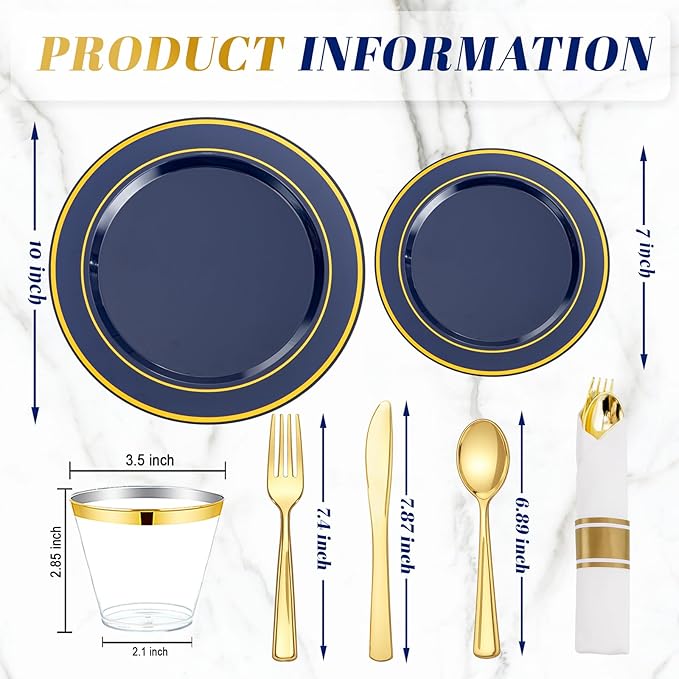 175PCS Blue and Gold Plastic Plates - Navy Blue Plates with Pre Rolled Napkins for Party - 25Guest Disposable Dinnerware Sets for Party/Birthday/Wedding