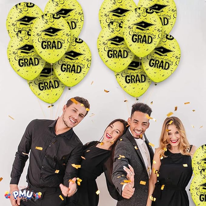 PMU 100 Pcs Crystal Yellow Graduation Balloons Class of 2025 with All-Over Print White Grad Caps-Confetti and Streamers | Graduation Party Supplies | Congratulations Grad Latex Balloons Latex
