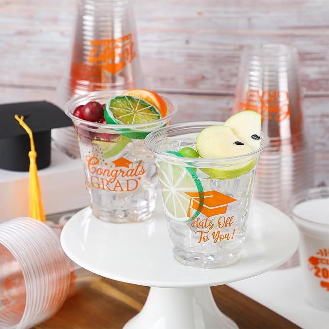 Eaasty 100 Pcs 12oz Graduation Cups 2026 Disposable Plastic Cups for Class of 2026 Graduation Party Congrats Grad Elegant Party Supplies Tableware Decorations (Orange)