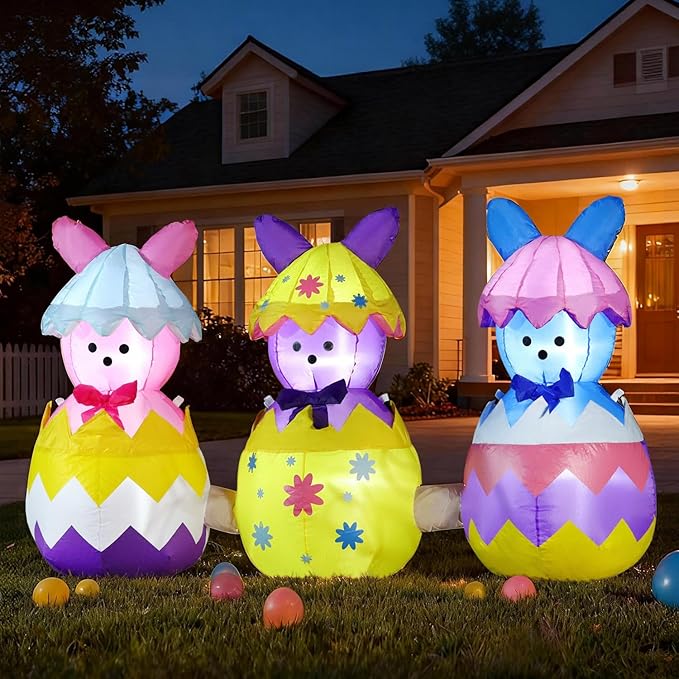 Domkom 6FT Long Easter Inflatable Bunny Outdoor Decorations, Build-in LED Lights Holiday Blow Up Yard Decoration, for Easter&Spring, Outdoor,Garden, Yard Lawn Décor