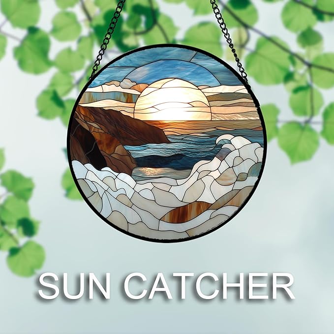 Stained Glass Window Hanging 4 Pcs Set Ocean Waves Large 15" - Blue and White Sea Suncatcher Door Garden Sun Catcher Decor Birthday Christmas for Mom Woman Nana Men
