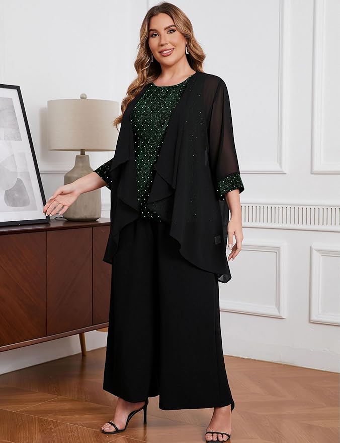 ZOMVA Plus Size 3 Piece Formal Pantsuit Sparkly Chiffon Jacket Set Dressy Outfit Mother of The Bride Groom Wedding Cocktail
