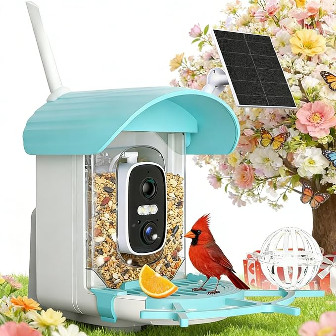 Bird Feeder with Camera 3W Solar Powered Panel Valentines Day Gifts: Smart Bird Feeder for Outdoors with AI Birds Identify Auto Capture, 2K Live Video, Ideal Gift for Parents Men Women(Blue)