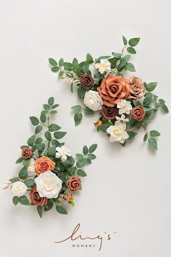 Ling's moment 2pcs Fall Wedding Artificial Floral Swag Welcome Sign Flowers Backdrop Garland Terracotta Orange Ceremony Reception Wall Home Decorations Entryway Faux Outdoor Board Head Table Decor