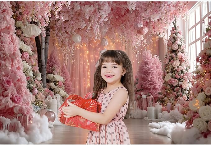 Baocicco 10x7ft Pink Merry Christmas Photography Background Xmas Snowman Flowers Curtain New Year Eve Photo Backdrop for Winter Holiday Party Banner Girls Princess Birthday Baby Shower Backdrops