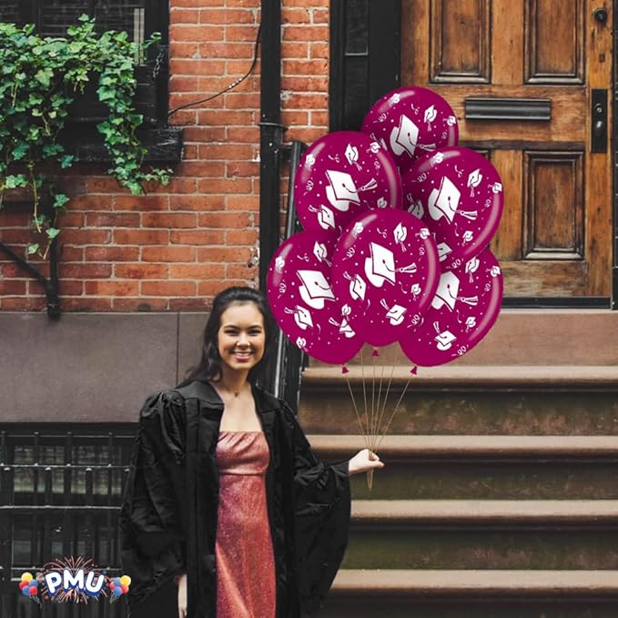 PMU 100 Pcs Burgundy Graduation Balloons Class of 2025 with All-Over Print White Grad Caps-Confetti and Streamers | Graduation Party Supplies | Congratulations Grad Latex Balloons Latex