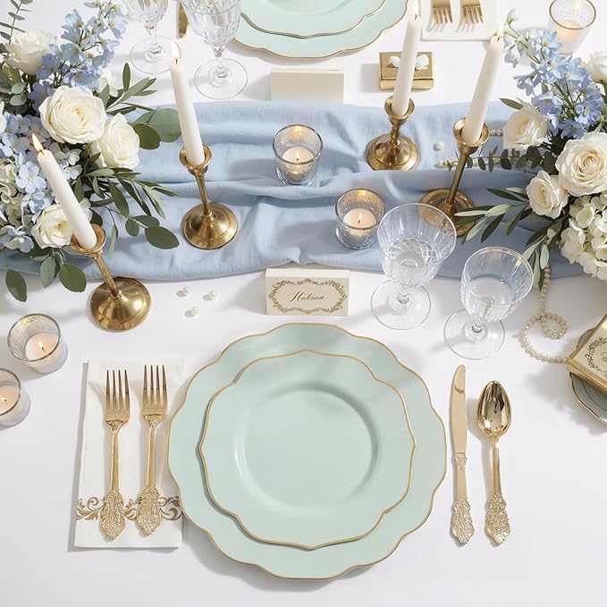NOCCUR 175PCS Sage Green Plastic Plates with Gold Disposable Silverware - Include 50 Green and Gold Plastic Plates,25 Knives,25 Forks,25 Spoons,25 Cups and 25 Napkins - Ideal for Wedding/Spring Party