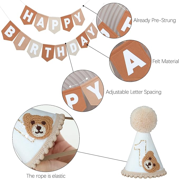 Bear First Brown Felt Happy Birthday High Chair Banner Pre-strung Birthday Hanging Decoration With Birthday Hat One Cake Topper For 1st Birthday Party Decor