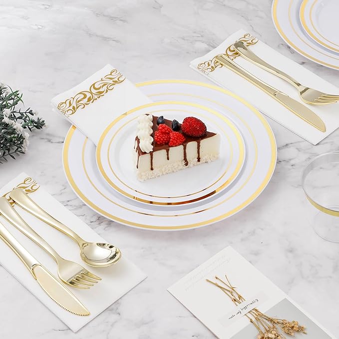 BESTVIP 350 PCS Gold Dinnerware Set for 50 Guests, Plastic Dinnerware Set for Party, Wedding, Christmas, Include: 100 Plastic Plates, 50 Gold Silverware, 50 Cups, 50 Paper Napkins