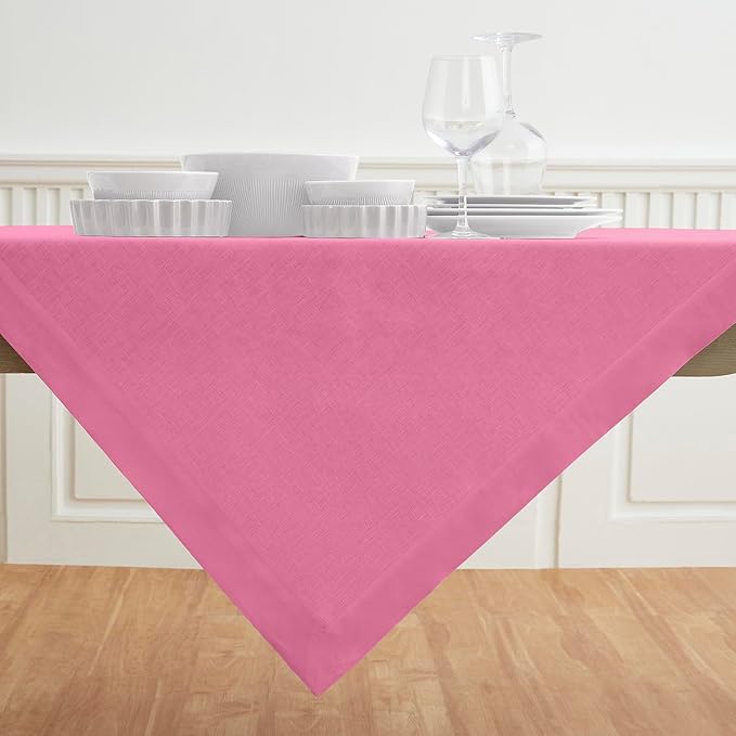 Solino Home Linen Square Tablecloth 52 x 52 Inch - 100% Pure Linen Flamingo Pink Table Throw - Fete, Machine Washable Table Cloth for Valentines, Spring, Easter