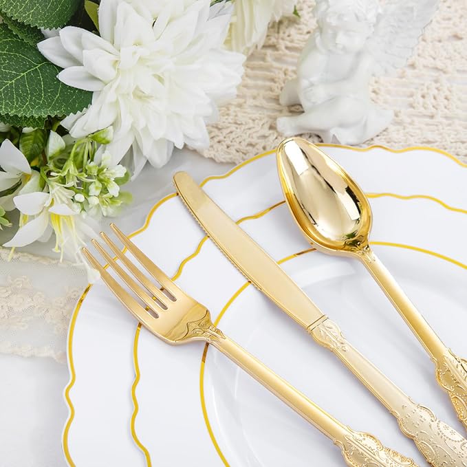 Liacere 175pcs Gold Plastic Plates - White and Gold Disposable, 50PCS Plastic Dinner Plates, Perfect for Wedding & Party & Holiday & Mother's Day & New Year