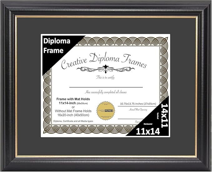 Creative Picture Frames 11" x 14" Rockefeller Black with Gold Rim Diploma Frame, Displays 11" x 14" Certificate or 16" x 20" Document without Mat, College Degree Frame, Full-Strength Glass, Black Mat