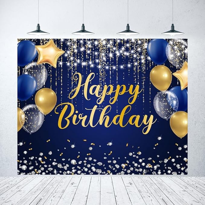 Blue Gold Happy Birthday Backdrop 10x8ft Gold Silver Glitter Birthday Photography Background Banner for Men Birthday Party Table Wall Decoration Photo Shoot Studio Props