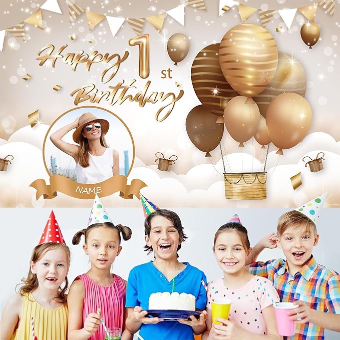 Custom Beige Happy Birthday Banner Backdrop Large Happy Birthday Hot Air Balloon Backgroud Party Indoor Outdoor Car Decoration Supplies for Girl Women (5x7.5ft)