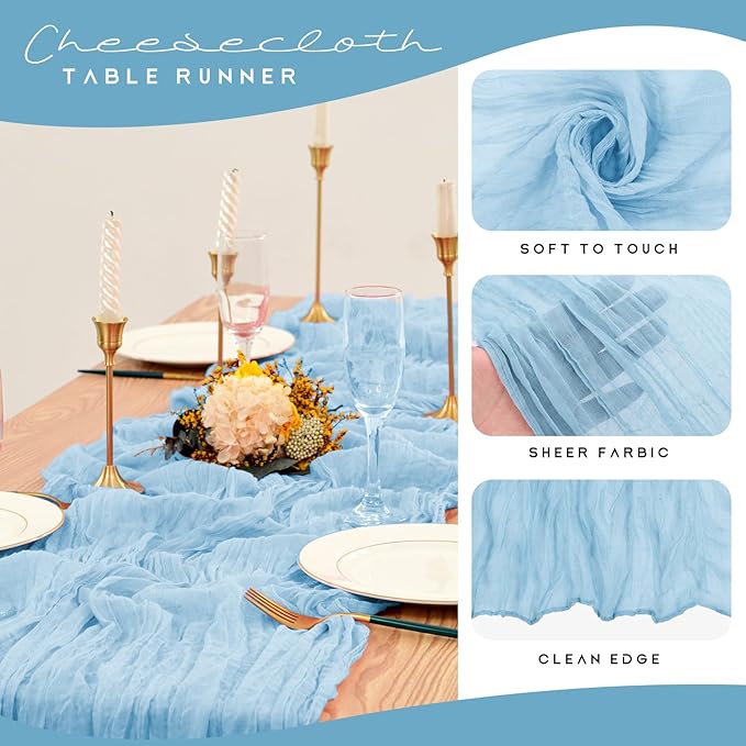 12 Pack Cheesecloth Table Runner 35 x 120 inch Long Boho Cheese Cloth Gauze Table Runners Semi Sheer Table Runner for Wedding Decor, Bridal Shower, Birthday Party (Light Blue)