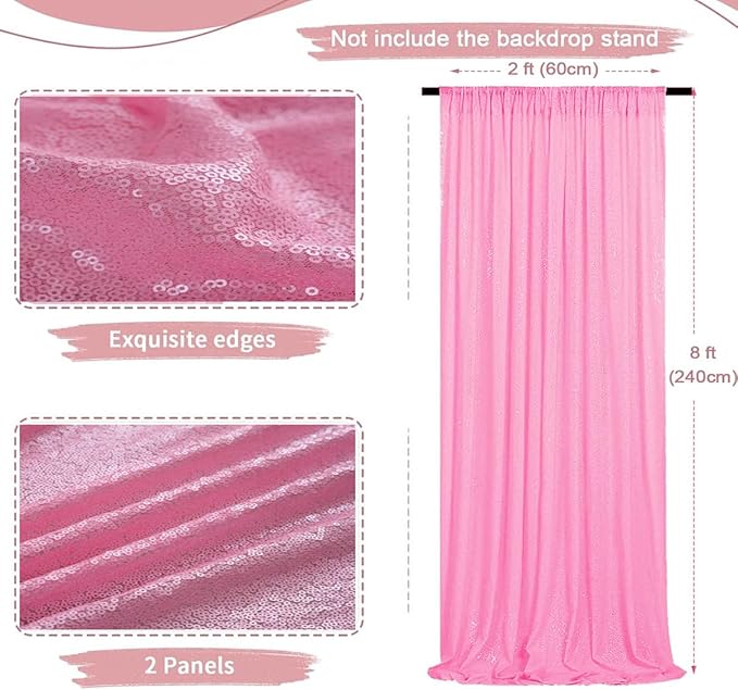 Pink Sequin Backdrop Curtain - 4PCS (2FTx8FT) Glitter Photo Background for Wedding, Christmas, Party, Baby Shower & Stage Decorations (Pink, 2x8ft 4 Panels)