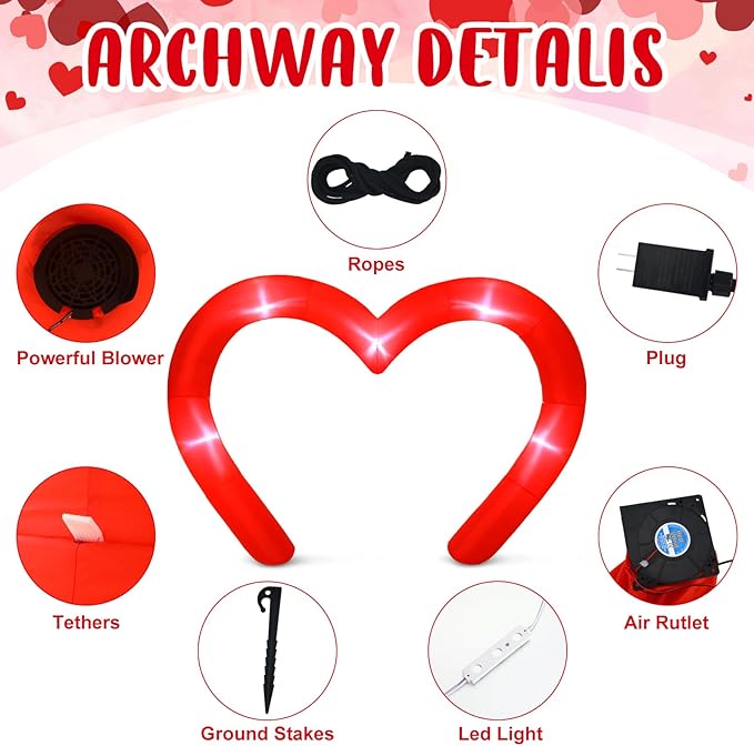 Shappy 12FT Valentine Inflatables Outdoor Decorations Heart Blow up Inflatable Archway with Build in LEDs for Indoor Outdoor Lawn Yard Garden (Red)