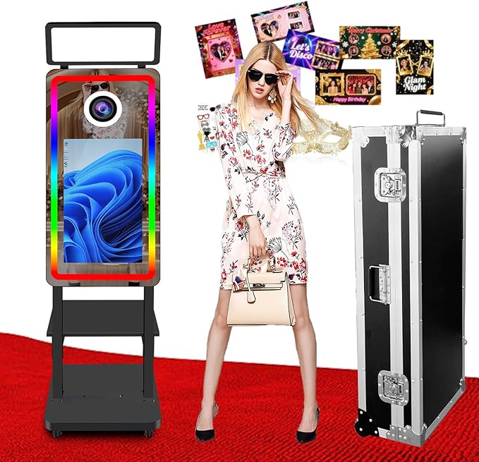 Magic Mirror Photo Booth with Printer, 40in Selfie Mirror Photo Booth with 21.5in Touch Screen with Color Lights, Built-in Mini PC, for Weddings, Parties (Black, with Printer no Camera)