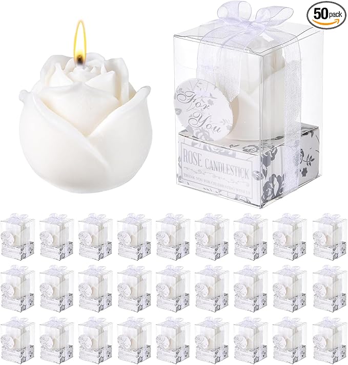 50Set White Rose Flower Shape Candle Bulk Wedding Party Favors Romantic Handmade Delicate Candles with Gift Box, Wedding Candle Gift for Guests Return Souvenirs Bridal Anniversary Birthday Decoration