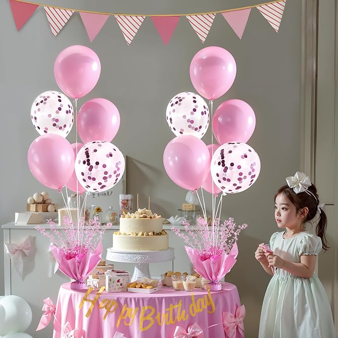 6 Set Pink Table Balloons Foil Spray Centerpiece with Pink and Confetti Balloons Stand Kit for Birthday Party Girls Baby Shower Wedding Bridal Shower Prom Graduation Table Decorations