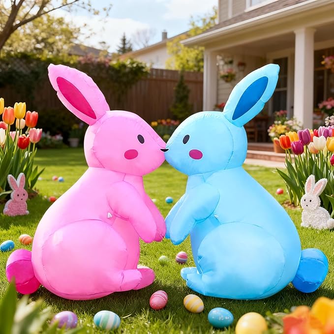 Domkom 6FT Long Kissing Valentines Day&Easter Inflatable Bunnies Outdoor Decorations, Build-in LED Lights Holiday Blow Up Yard Decoration, for Easter&Valentine's Day, Outdoor,Garden, Yard Lawn Décor