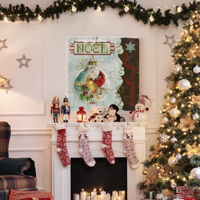 Renditions Gallery Joyous Noel Ornament Wall Art, Cute Winter Decor, Yellow & Red Cardinals, Festive Holly, Premium Gallery Wrapped Canvas, 24 in Hx24 in W, Made in America (WC15-91552-2424)