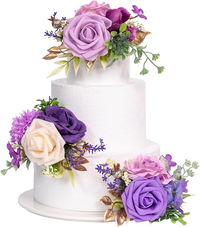 TINGE TIME 3Pcs Pre-made Cake Toppers, Silk Artificial Flowers Decor, Cake Decorations for Weddings, Birthdays, Party,Baby Shower,Celebration (Purple)