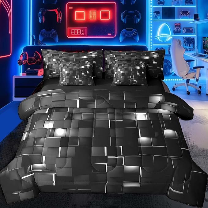 Feelyou Grey and Black Bedding Set Twin Size Kids Light Geometric Comforter Set with Sheets 7 PieceBed in a Bag forModern Bed Set with Comforter,Sheets,Pillowcases,Cushion Covers