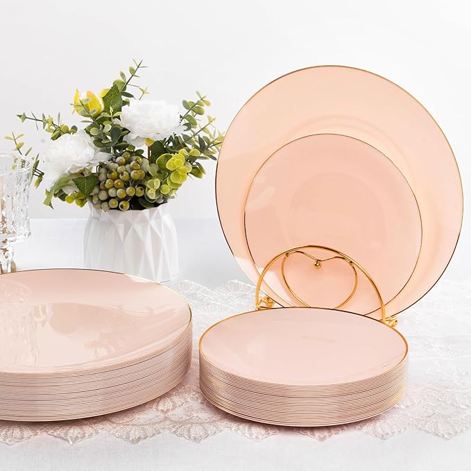 350 Pieces Pink Gold Plastic Dinnerware Set, Gold Disposable Plates for Party, Graduation, Include 100 Pink Plates with 150 Plastic Cutlery, 50 Napkins and 50 Cups