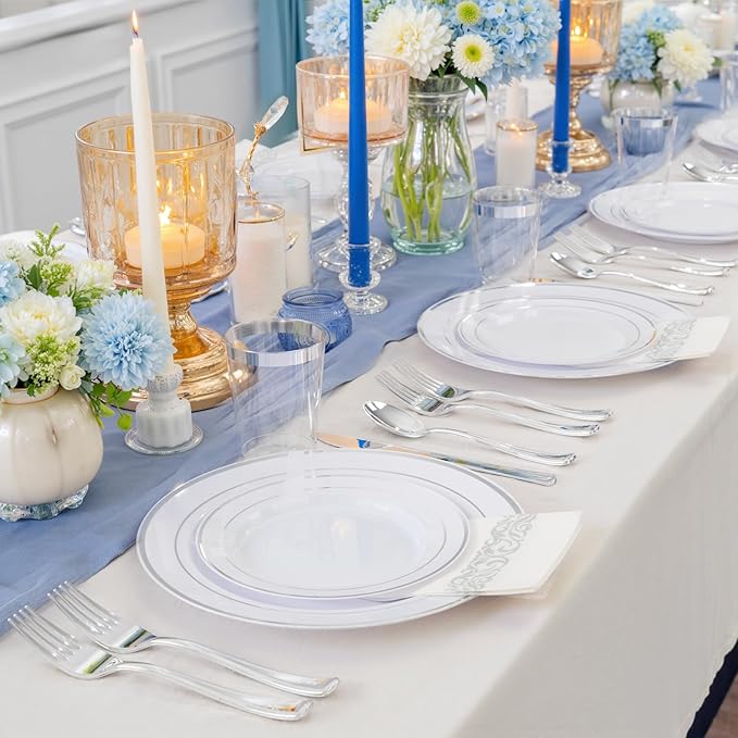 Supernal 800Pcs Silver Plastic Plates,Silver Plastic Dinnerware Set,Disposable Silvery Plates Include 100 Dinner Plate,100 Salad Plate,100 Spoons,200 Forks,100 Knives,100 Cups,100 Napkins for Party