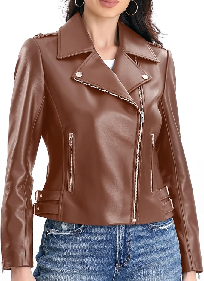 SILVER FASHIONS Lambskin Leather Jacket Women,Motorcycle Jacket,Asymmetrical Zip Style,Buckle Belts,Quilted Details