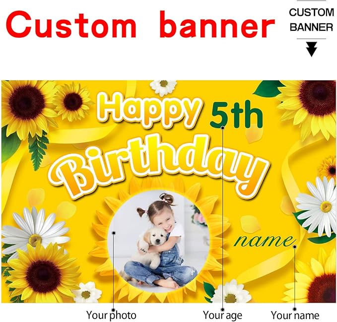 Custom Sunflower Happy Birthday Party Decorations Supplies Personalized Sunflower Birthday Backdrop Banner(5x7.5ft)