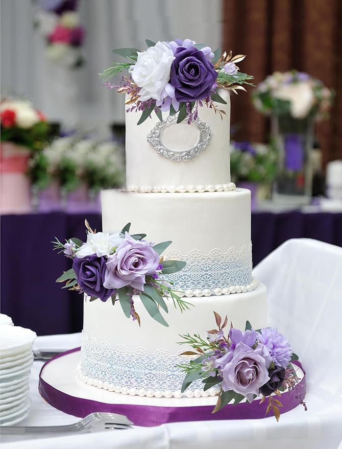 Marriwise 3Pcs Pre-made Cake Toppers Flowers, Dark Purple Wedding Cake Decoration,Artificial Flowers Decor for Wedding Ceremony Anniversary,Birthday Party,Elegant and Dreamy Purple (Dark Purple)