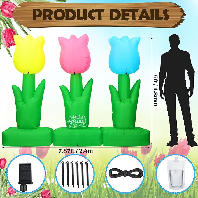 VIHOSE 6 ft Spring Inflatable Flower Decoration LED Blow up Yard Decor Large Inflatable Tulip Flower Outdoor Decoration for Spring Holiday Outside Lawn Party Supplies