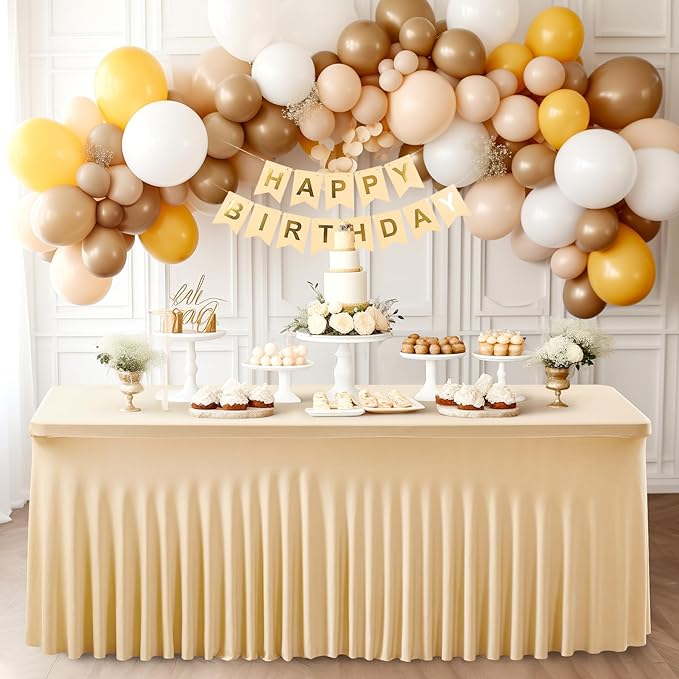 6 Packs Dark Champagne Table Clothes for 8 Foot Rectangle Tables, One-Piece Wrinkle Resistant Stretch Spandex Table Covers with Skirt for Event Banquet Wedding Birthday Party